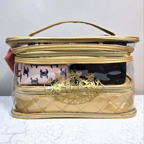 Juicy Couture Handbags - Juicy Couture Gold, Black & Baby Pink 4 PC Train Case Cosmetic Bag Set~NWT